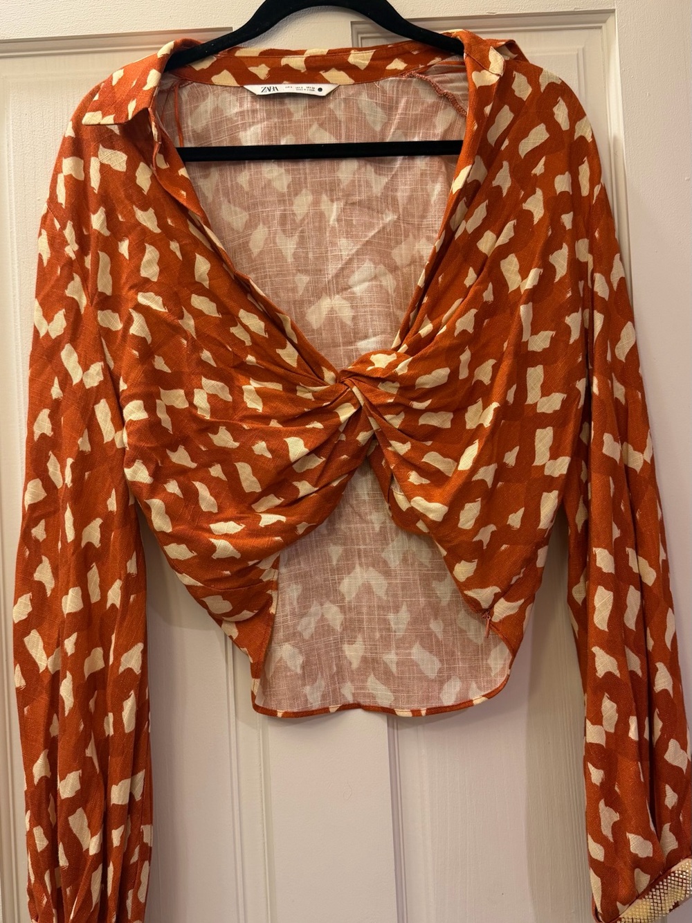 Zara Rust Twist-Front Long-Sleeve Printed Blouse
